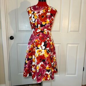 David Meister Fit & Flare Midi Dress. Floral, Bow Accent, Heavy Fabric